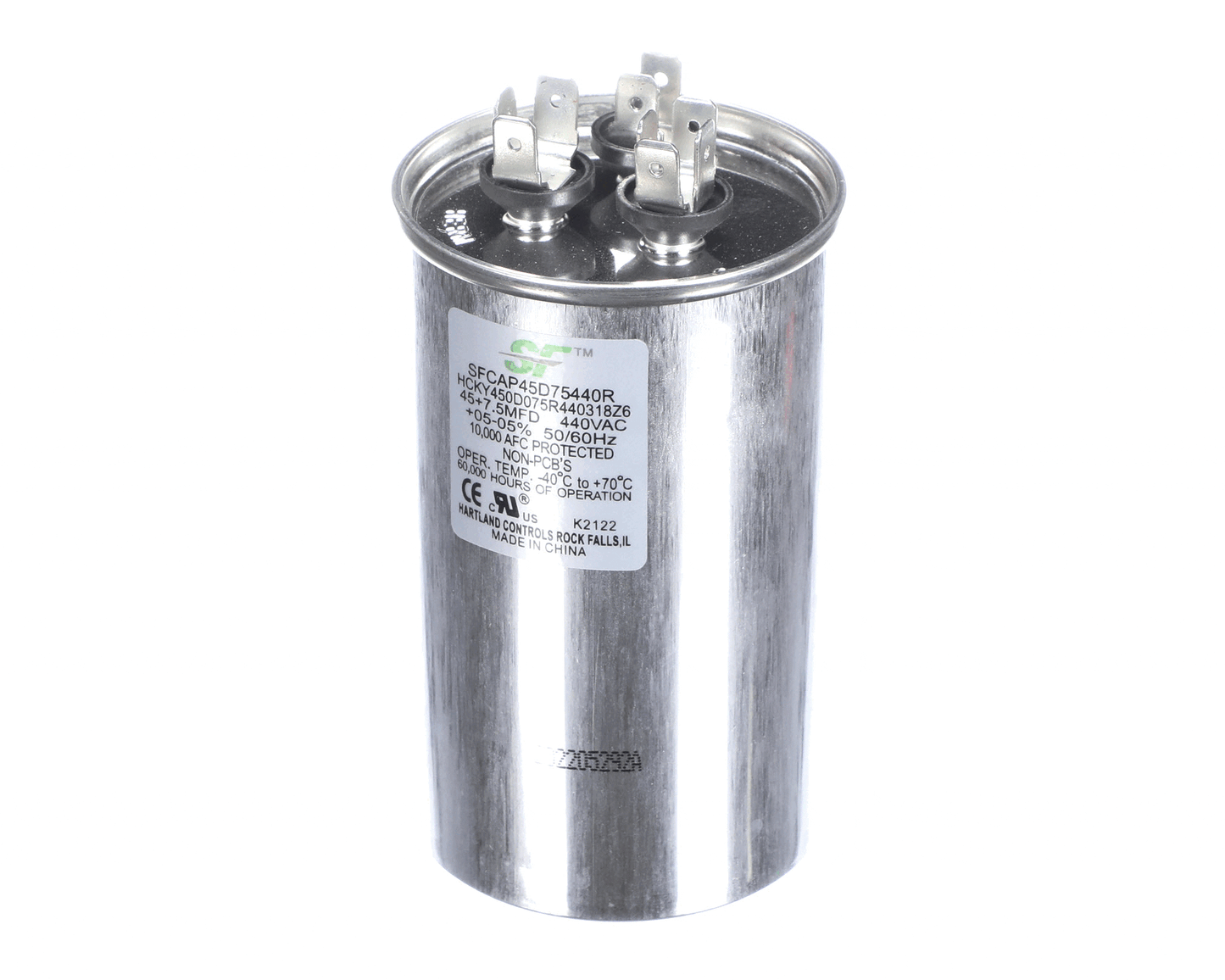 Trane Capacitor; 45+7.5Mfd 370/440V Round Run Capacitor - SFCAP45D75440R