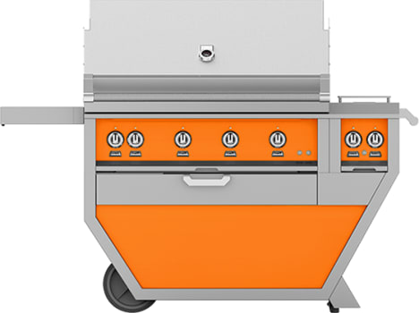 Hestan GSBR42CX2LPOR 61 Inch Freestanding Grill with 782 sq. in. Grilling Area, 4 Sear Burners, Rotisserie, Double Side Burners, 148,000 BTU, Horizon Spring Assisted Hood - Orange