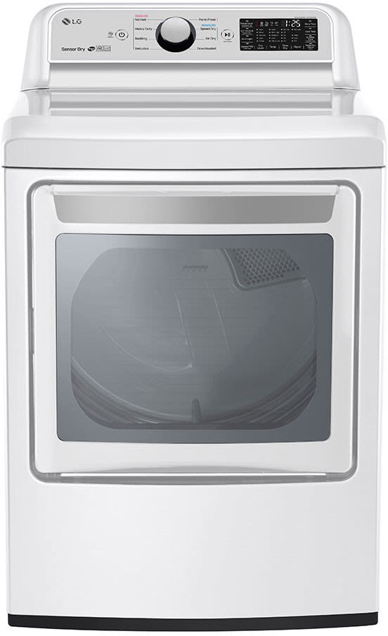 LG DLG7301WE 27 Inch Gas Smart Dryer with 7.3 cu. ft. Capacity, SmartThinQÂ® Technology, EasyLoadâ„¢ Door, FlowSenseâ„¢ Duct Clogging Indicator, 12 Options, Sensor Dry System, Wi-Fi Connectivity, Voice Activation, Wrinkle Care Option and ENERGY STARÂ®