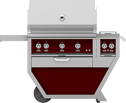 Hestan GSBR36CX2LPBG 55 Inch Freestanding Grill with 653 sq. in. Grilling Area, 2 Trellis Burners, 1 Sear Burner, Double Side Burners, Rotisserie - Burgundy