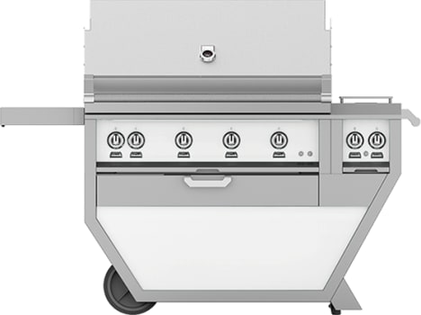 Hestan GSBR42CX2NGWH 61 Inch Freestanding Grill with 782 sq. in. Grilling Area, 4 Sear Burners, Rotisserie, Double Side Burners, 148,000 BTU, Horizon Spring Assisted Hood - White