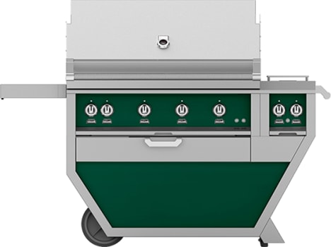 Hestan GSBR42CX2NGGR 61 Inch Freestanding Grill with 782 sq. in. Grilling Area, 4 Sear Burners, Rotisserie, Double Side Burners, 148,000 BTU, Horizon Spring Assisted Hood - Green
