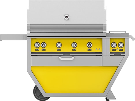 Hestan GSBR42CX2LPYW 61 Inch Freestanding Grill with 782 sq. in. Grilling Area, 4 Sear Burners, Rotisserie, Double Side Burners, 148,000 BTU, Horizon Spring Assisted Hood - Yellow