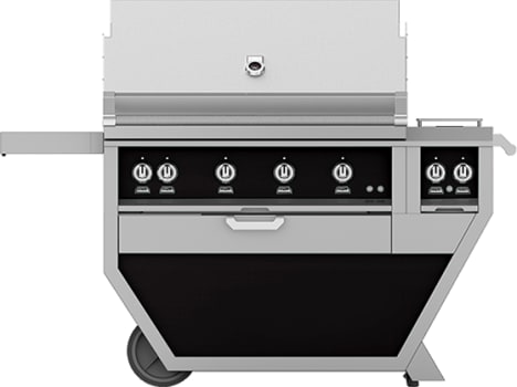 Hestan GSBR42CX2LPBK 61 Inch Freestanding Grill with 782 sq. in. Grilling Area, 4 Sear Burners, Rotisserie, Double Side Burners, 148,000 BTU, Horizon Spring Assisted Hood - Black