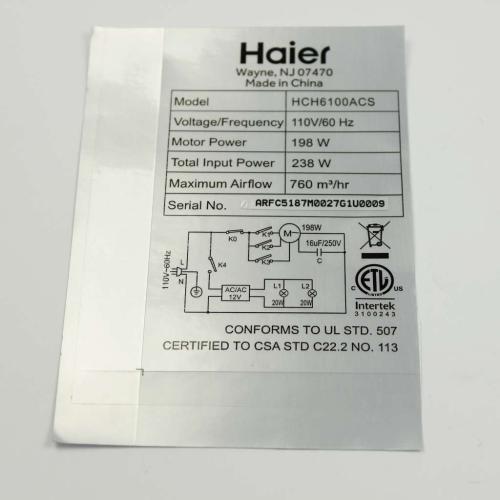 Haier Part# 41006483 Sticker (OEM)